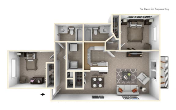 2-Bed/2-Bath, Bouvardia Floor Plan at The Springs Apartment Homes, Novi, MI