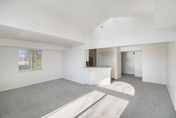 An end style living room with a cathedral ceiling and carpeted floor and a window at Brentwood Park Apartments, La Vista, 68128