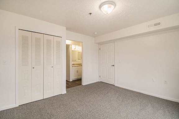 A bedroom with an ensuite and a door to a large closet at Brentwood Park Apartments in LaVista, NE