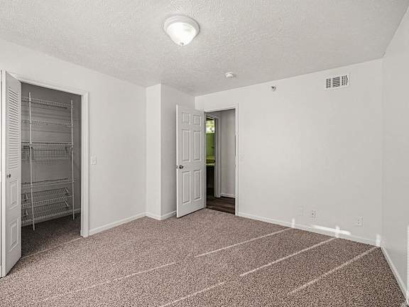 A bedroom with a carpeted floor and a walk-in closet with organizers at Brentwood Park Apartments in LaVista, NE