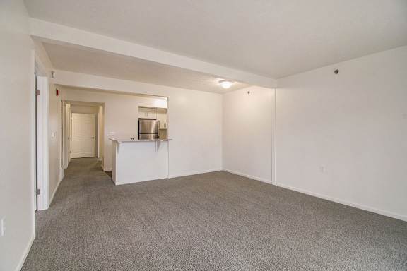 A large living and dining room with a carpeted floor at Brentwood Park Apartments in LaVista, NE