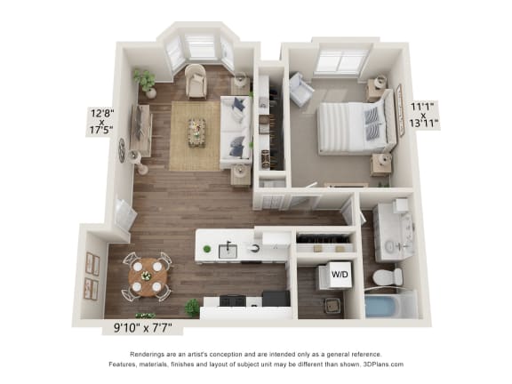 1-Bed/1-Bath, Bluebell Floorplan at Bristol Square at Bristol Square and Golden Gate Apartments, Wixom, Michigan