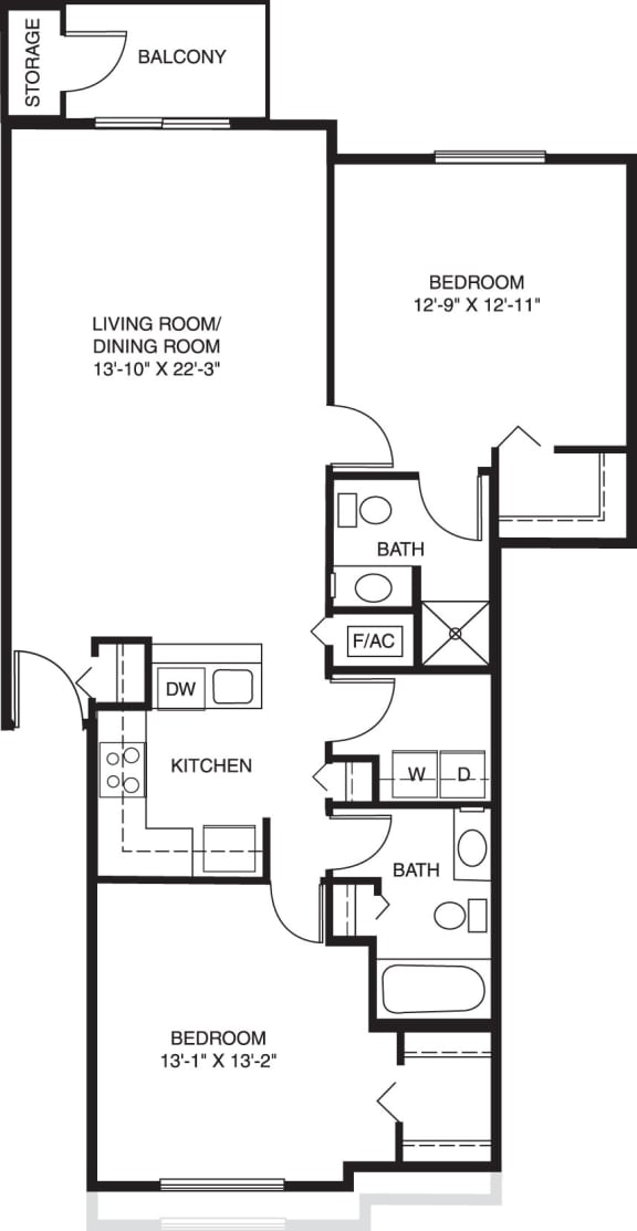 Two bedroom two bathroom 2D floor plan at Brentwood Park Apartments in LaVista, NE