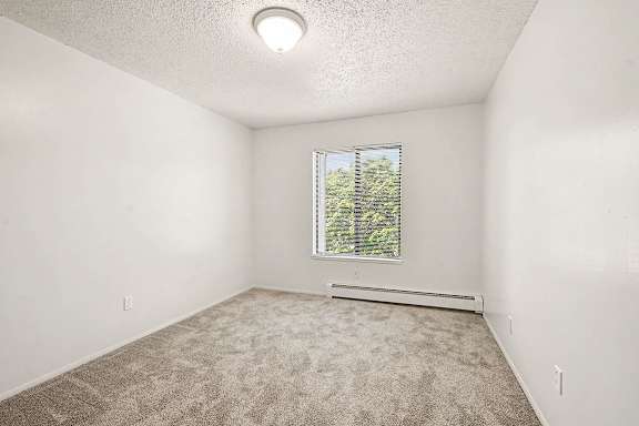 A bedroom with a window and plush carpeting at Brookside Apartments, Springfield