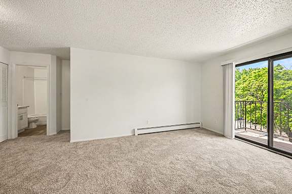 A large empty room with a carpeted floor and a window overlooking a balcony.