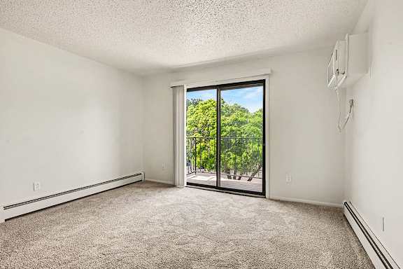 A room with a carpet floor and a sliding glass door leading to a lush green outdoor area.
