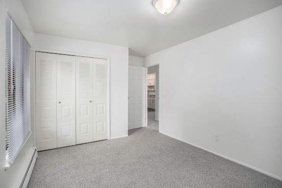 A white bedroom with grey carpet and a large closet at Brookside Apartments, Springfield