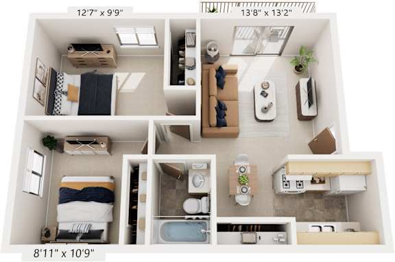 Two Bedroom 3D Floor Plan at Brookside Apartments, Springfield, MI, 49037