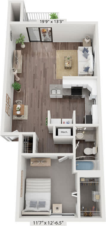 One Bedroom End 3D Floor Plan at Byron Lakes Apartments, Byron Center, MI, 49315