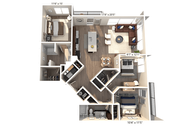 A 3D floor plan of an apartment with dimensions and room labels