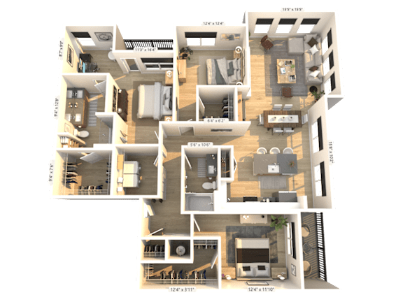 A 3D floor plan of a multi-level home with various rooms and measurements.