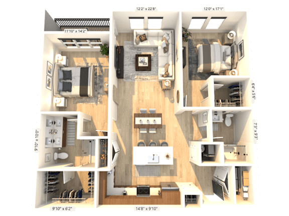 A 3D floor plan of a house with dimensions and room labels.