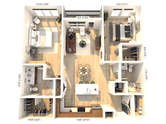 A 3D floor plan of a house with a living room, kitchen, dining room, and two bedrooms.