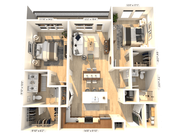 A 3D floor plan of a house with labeled dimensions.