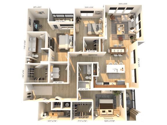 A 3D floor plan of a house with labeled rooms and dimensions.