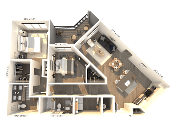 A 3D floor plan of a house showing the layout of the rooms.