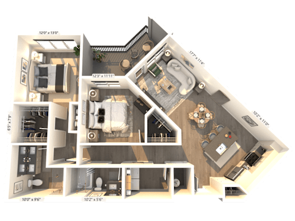 A 3D floor plan of a house with a living room, kitchen, and two bedrooms.