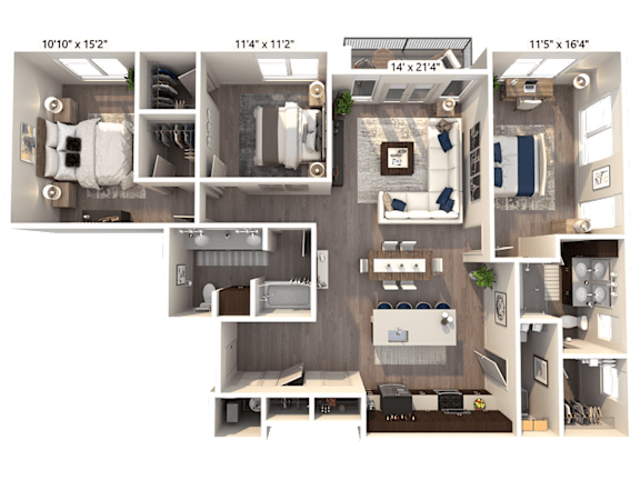 A floor plan of a three-bedroom apartment with a living room, kitchen, and bathroom