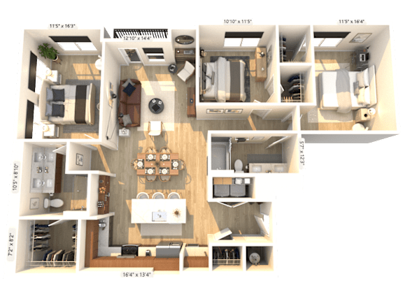 A 3D floor plan of a house with labeled rooms and dimensions.