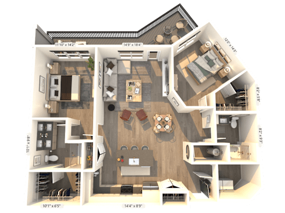 A 3D floor plan of a house with a living room, kitchen, and two bedrooms.