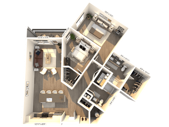 A 3D floor plan of a house with a kitchen, living room, and two bedrooms.