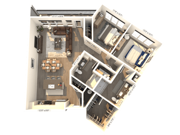 A 3D floor plan of a house with a living room, kitchen, and two bedrooms.