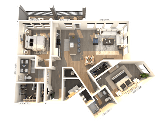 A 3D floor plan of an apartment layout.