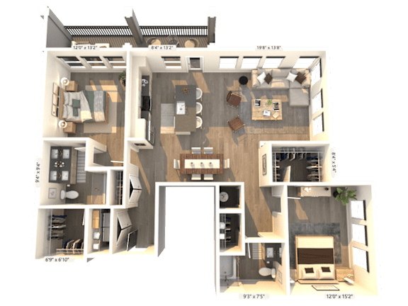 A 3D floor plan of a house with labeled rooms and dimensions.