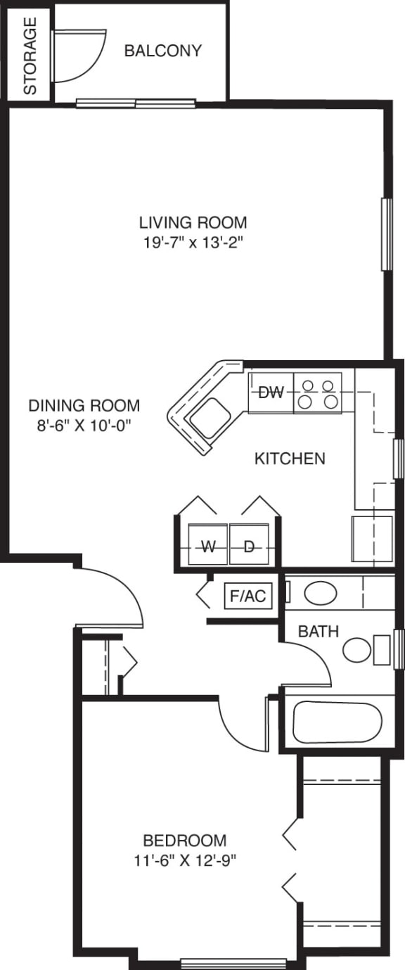 One bedroom end floor plan One bedroom end floor plan at Canal 2 Apartments in Lansing, MI