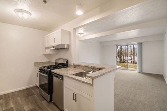 renovated kitchen with stainless steel appliances at Canal 2 Apartments in Lansing, MI