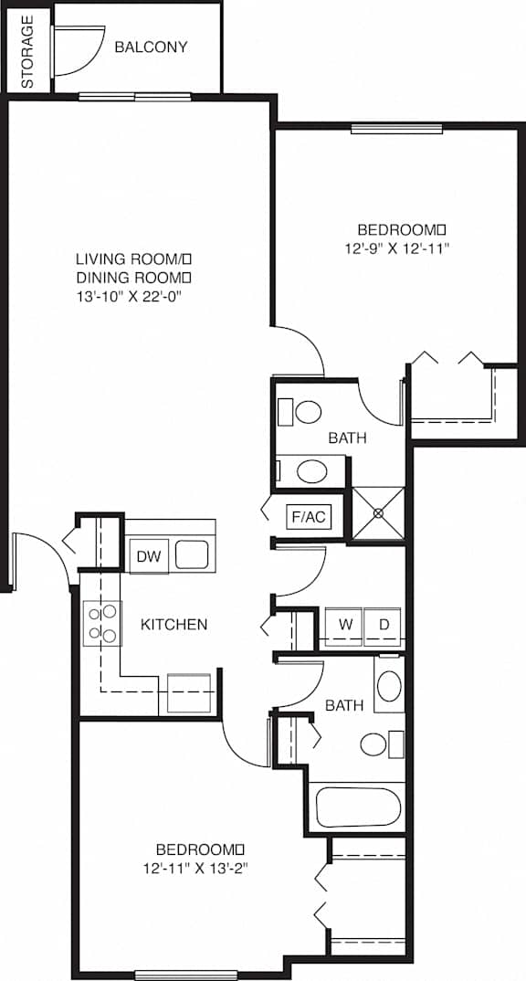 Two bedroom floor plan at Canal 2 Apartments in Lansing, MI