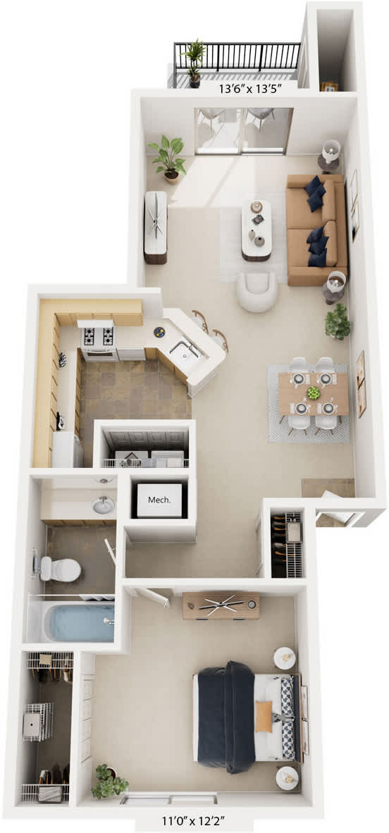 One bedroom one bathroom 3D floor plan at Canal Club Apartments in Lansing, MI