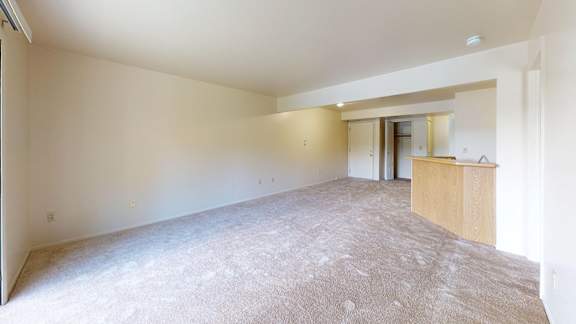 A large, empty living room with a carpeted floor at Canal Club Apartments, Lansing, 48917