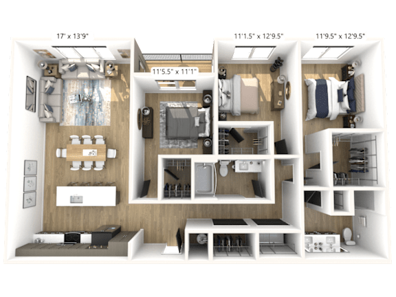 A floor plan image of a 3 bedroom 2 bathroom apartment
