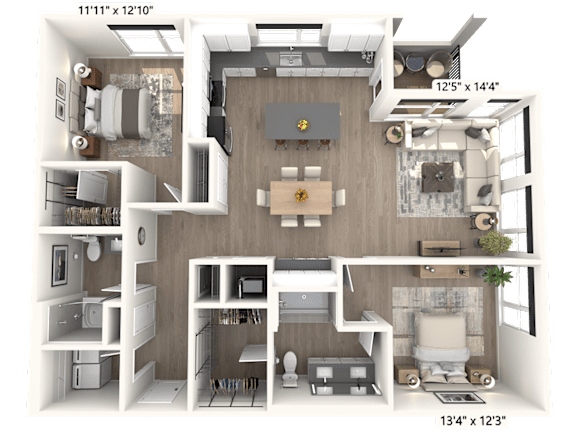 A 3D floor plan of an apartment with a kitchen, living room, and bathroom