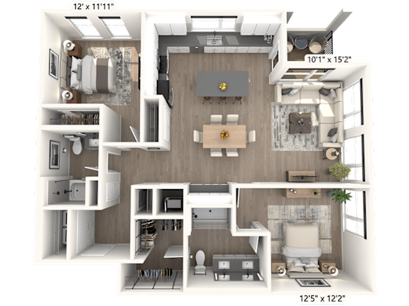A 3D floor plan of an apartment with a living room, kitchen, and two bedrooms
