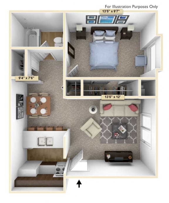 One Bedroom Cedar Floor Plan at Thornridge Apartments, Grand Blanc, Michigan