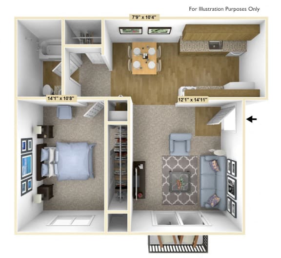 Acorn 1 Bedroom Floor Plan at Charter Oaks Apartments, Davison, MI