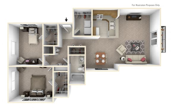 2-Bed/1-Bath, The Christian Floor Plan at Prairie Lakes Apartments, Illinois