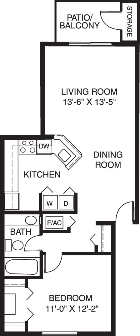 One bedroom floor plan at Canal Club Apartments in Lansing, MI
