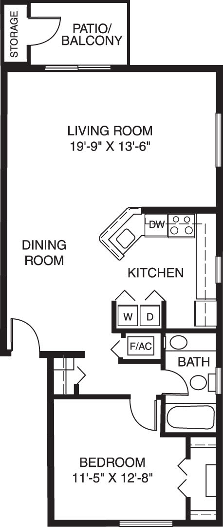One bedroom end floor plan at Canal Club Apartments in Lansing, MI