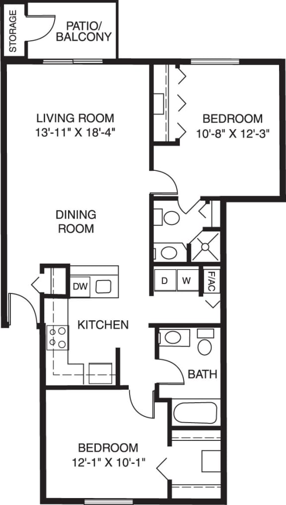 Two bedroom, two bath floor plan at Canal Club Apartments in Lansing, MI