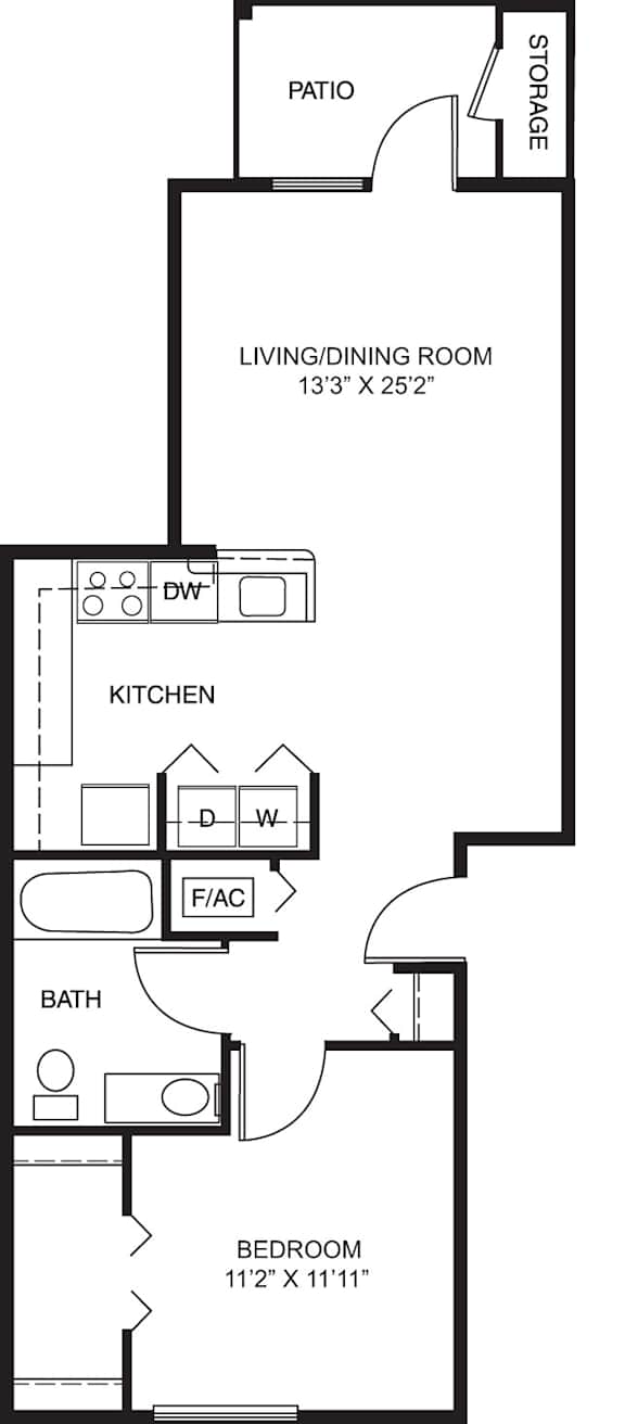 One bedroom bridge floor plan at Colonial Pointe at Fairview Apartments, Nebraska