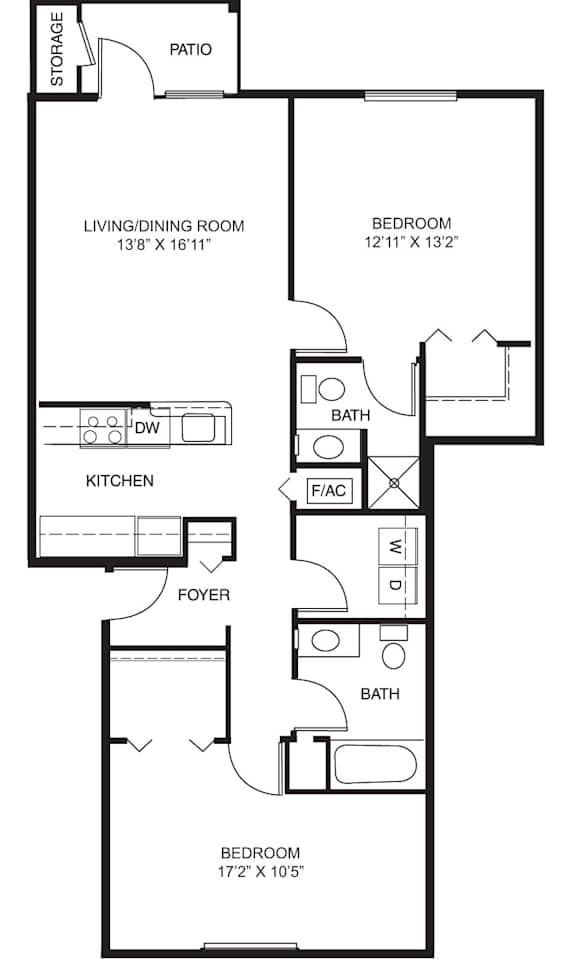 Two bedroom style II floor plan at Colonial Pointe at Fairview Apartments, Nebraska