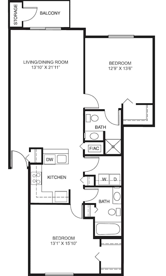 Two bedroom floor plan at Colonial Pointe at Fairview Apartments, Nebraska