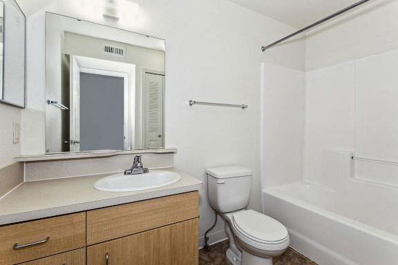 Main bathroom with large vanity at Colonial Pointe at Fairview Apartments, Nebraska