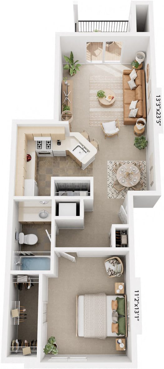 One Bedroom One Bath 3D floor plan at Colonial Pointe at Fairview Apartments, Nebraska