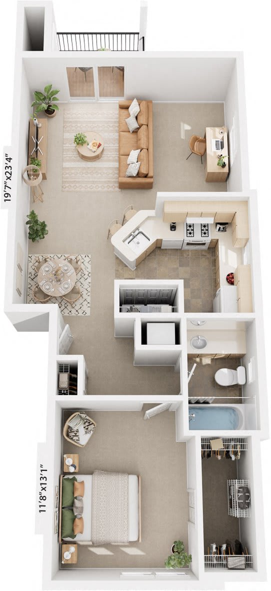 One Bedroom One Bath End 3D floor plan at Colonial Pointe at Fairview Apartments, Nebraska