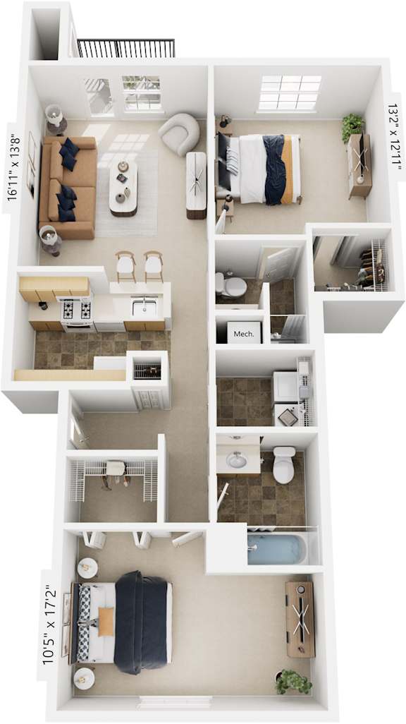 Two Bedroom Two Bath 3D Floor plan at Colonial Pointe at Fairview Apartments, Nebraska, 68123