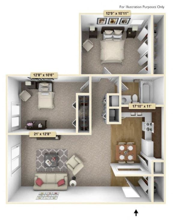 Crescent - Two Bedroom One Bath Floor Plan at Grand Bend Club, Grand Blanc